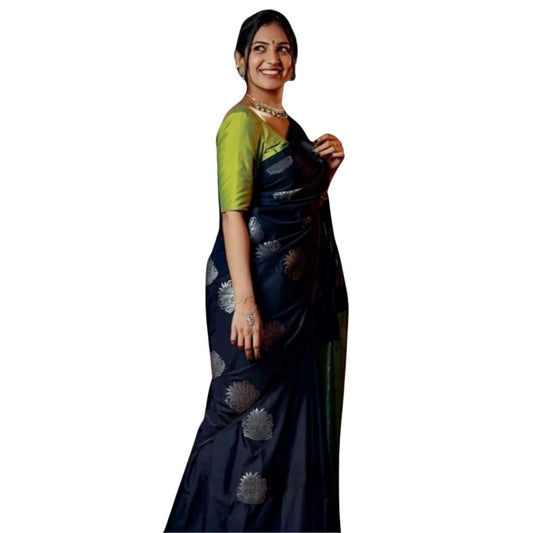 Women's Silk Printed Saree With Unstitched Blouse 5.5Mtr (Navy Blue)