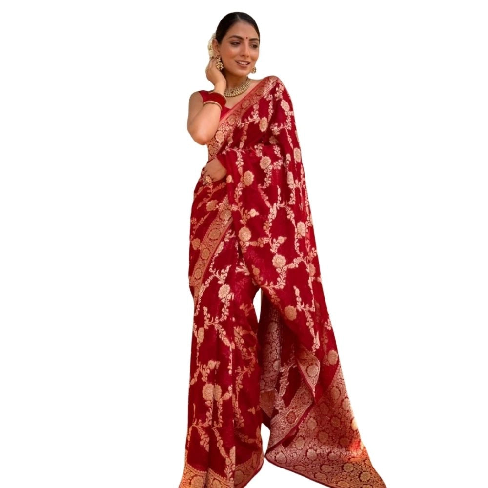 Women's Silk Printed Saree With Unstitched Blouse 5.5Mtr (Red)