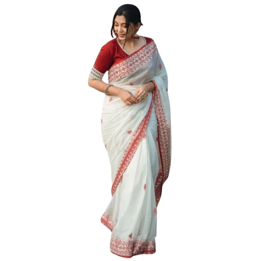 Women's Cotton  Printed Saree With Unstitched Blouse 5.5Mtr (White-Red)