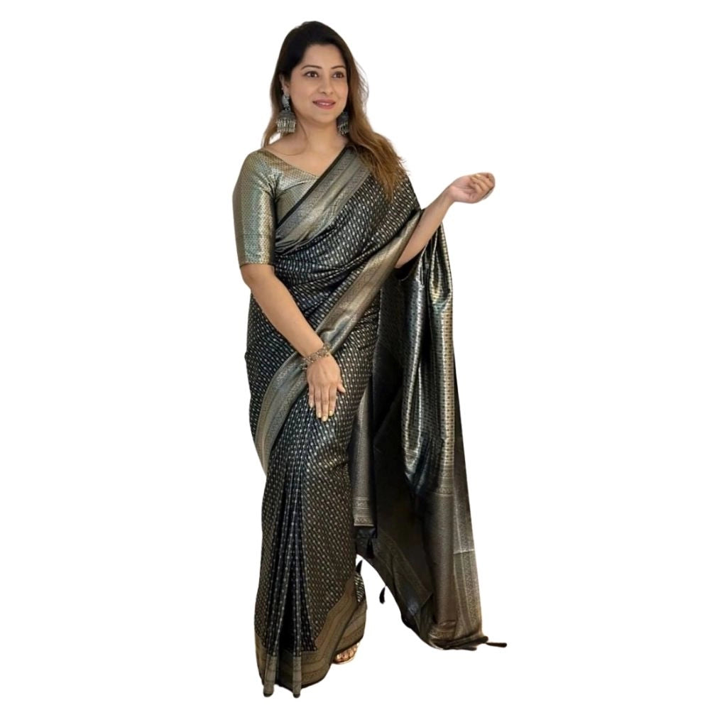 Women's Silk Printed Saree With Unstitched Blouse 5.5Mtr (Black)