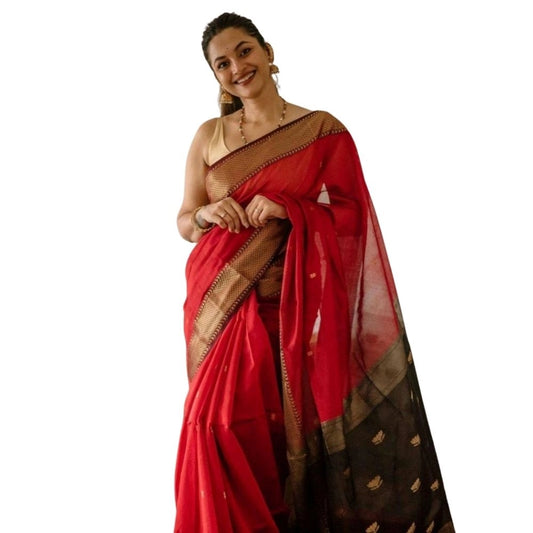 Women's Cotton  Printed Saree With Unstitched Blouse 5.5Mtr (Red)