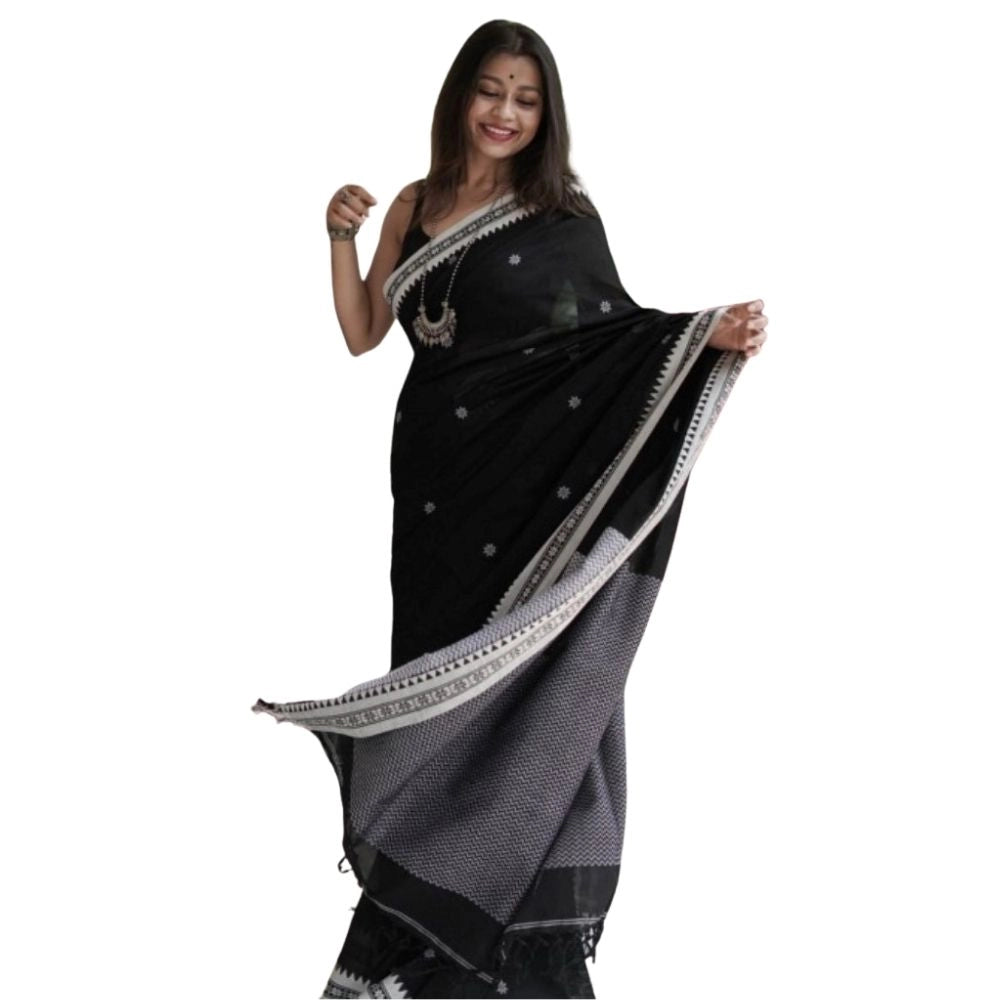 Women's Cotton  Printed Saree With Unstitched Blouse 5.5Mtr (Black)