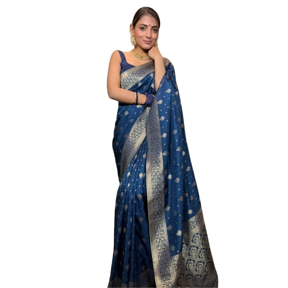 Women's Silk Printed Saree With Unstitched Blouse 5.5Mtr (Rama)