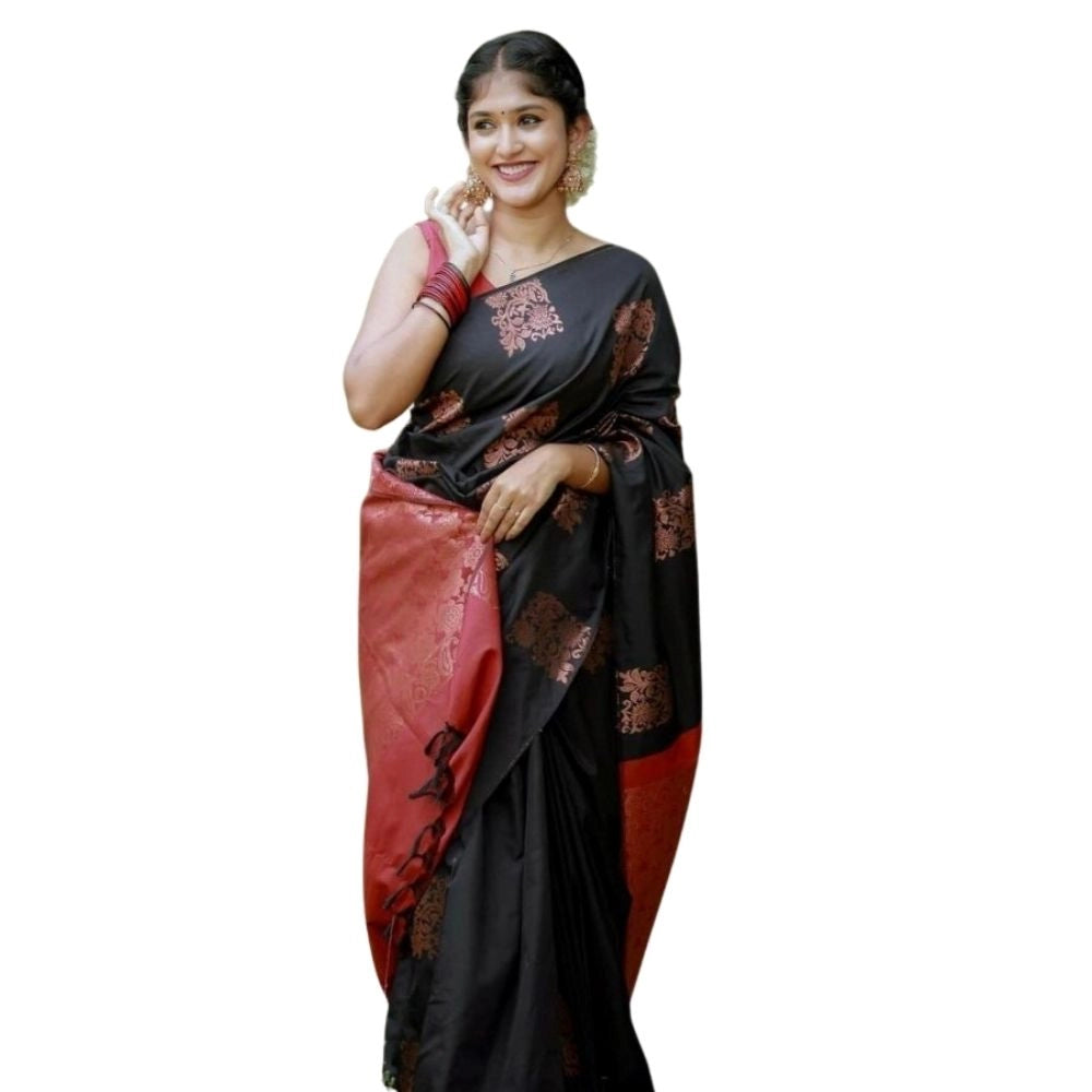 Women's Silk Printed Saree With Unstitched Blouse 5.5Mtr (Black-Red)