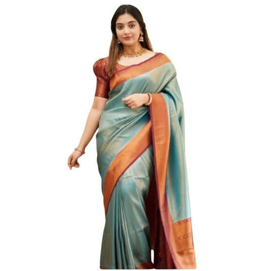 Women's Silk Printed Saree With Unstitched Blouse 5.5Mtr (Rama)