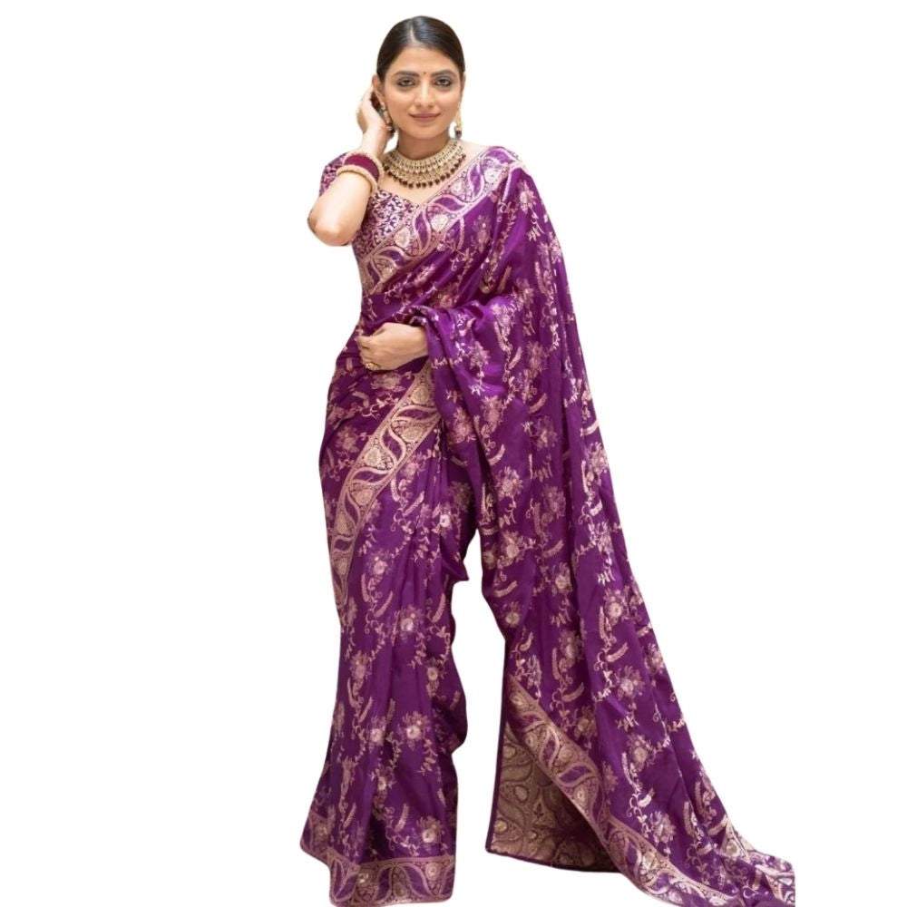 Women's Silk Printed Saree With Unstitched Blouse 5.5Mtr (Purple)
