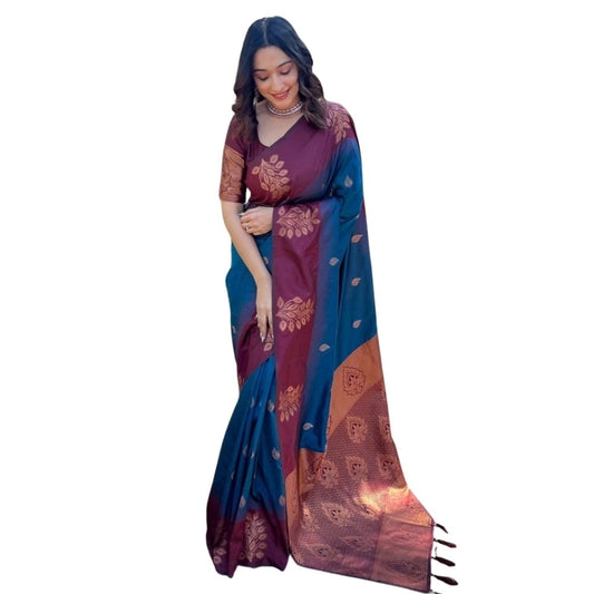 Women's Silk Printed Saree With Unstitched Blouse 5.5Mtr (Blue)