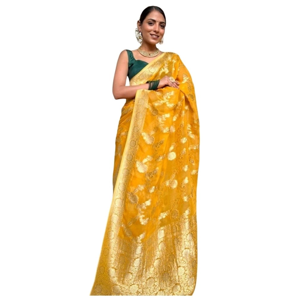 Women's Silk Printed Saree With Unstitched Blouse 5.5Mtr (Gold Yellow)