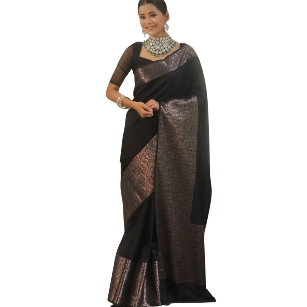 Women's Silk Printed Saree With Unstitched Blouse 5.5Mtr (Black)
