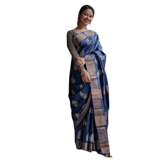 Women's Silk Printed Saree With Unstitched Blouse 5.5Mtr (Navy Blue)