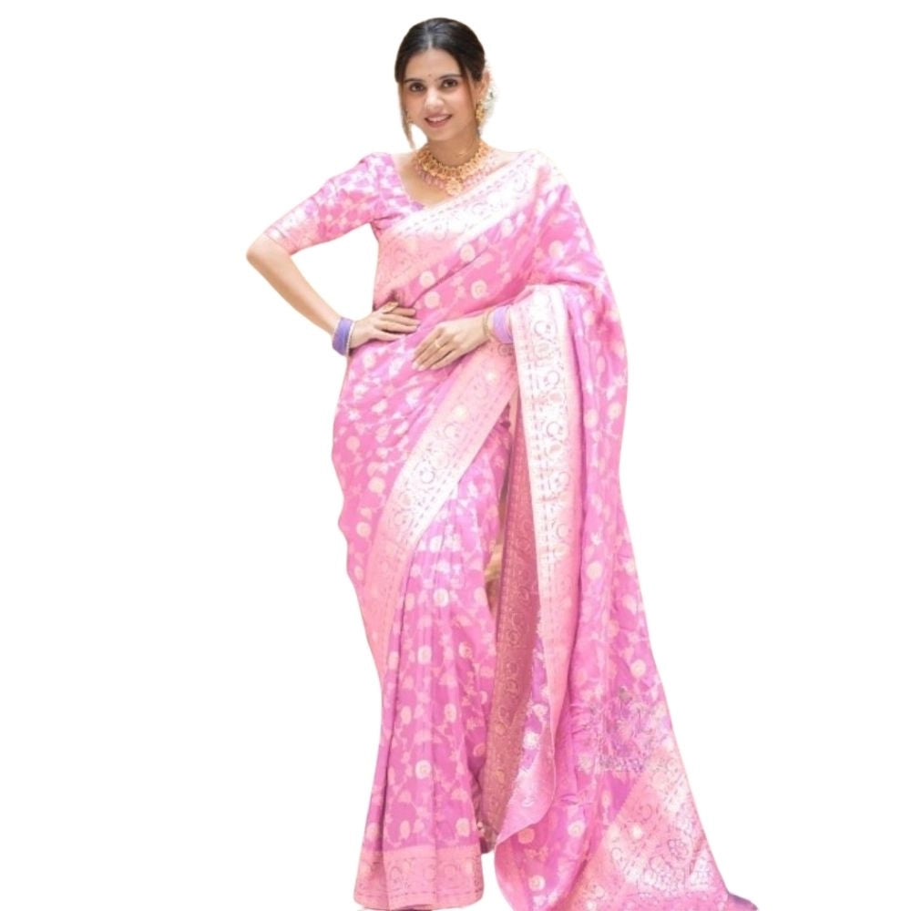 Women's Silk Printed Saree With Unstitched Blouse 5.5Mtr (Pink)