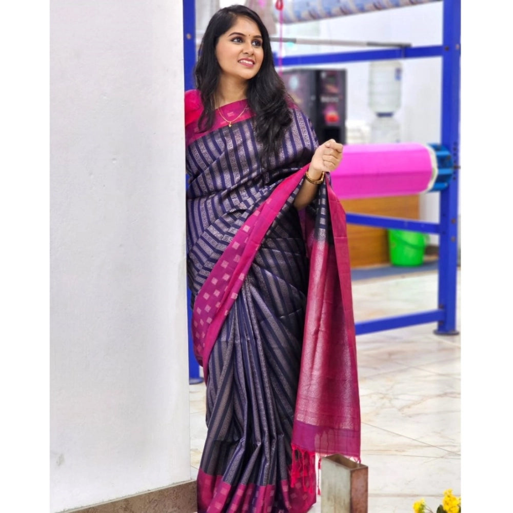 Women's Silk Printed Saree With Unstitched Blouse 5.5Mtr (Navy Blue)