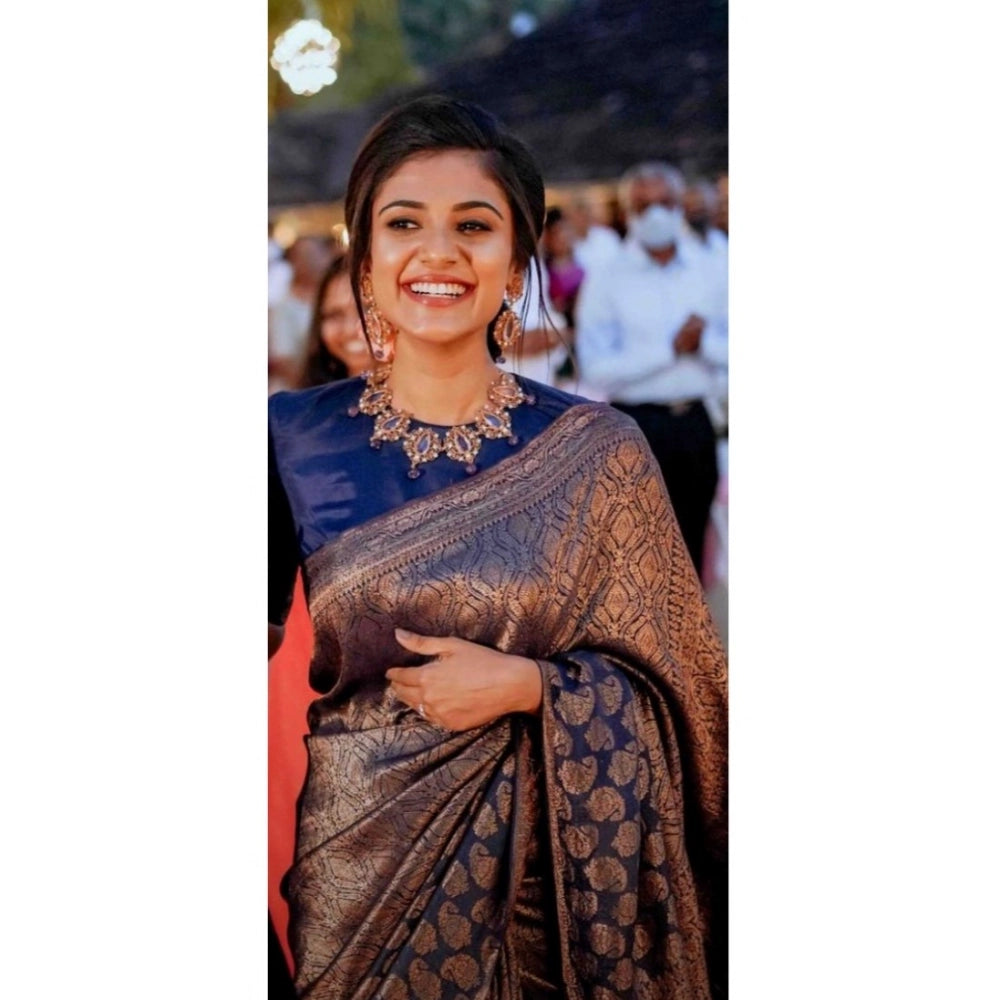 Women's Silk Printed Saree With Unstitched Blouse 5.5Mtr (Blue)