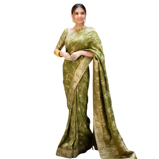 Women's Silk Printed Saree With Unstitched Blouse 5.5Mtr (Olive Green)