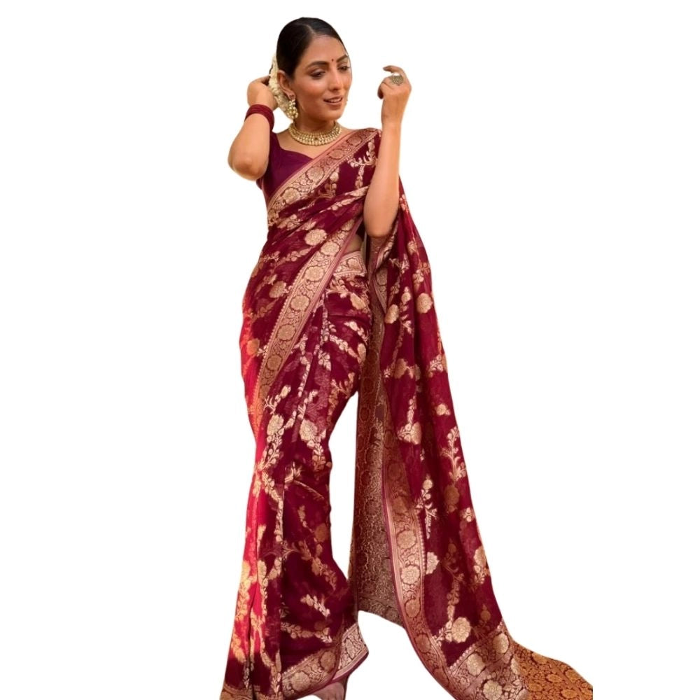 Women's Silk Printed Saree With Unstitched Blouse 5.5Mtr (Maroon)