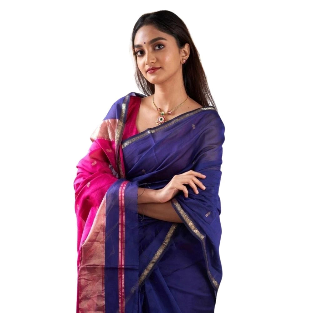 Women's Cotton  Printed Saree With Unstitched Blouse 5.5Mtr (Blue)