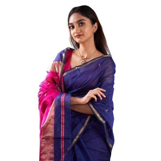 Women's Cotton  Printed Saree With Unstitched Blouse 5.5Mtr (Blue)