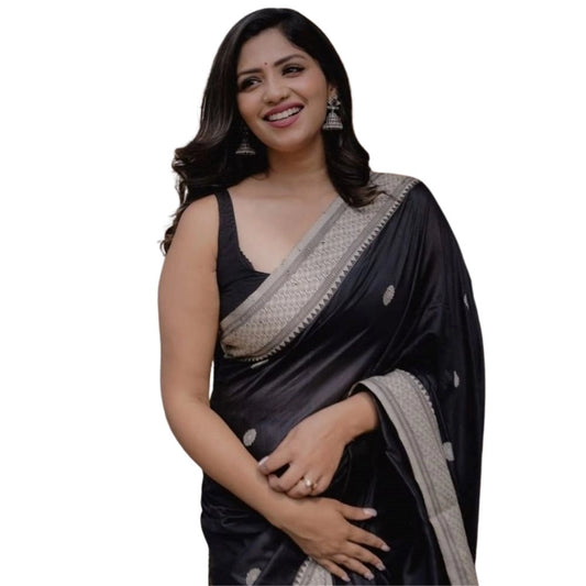 Women's Silk Printed Saree With Unstitched Blouse 5.5Mtr (Black)