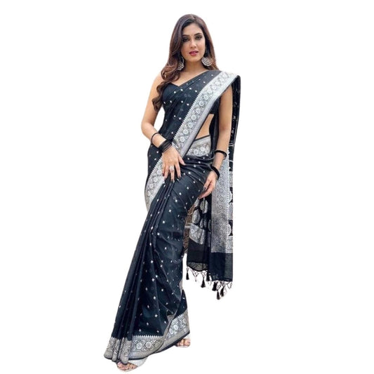 Women's Silk Printed Saree With Unstitched Blouse 5.5Mtr (Black)