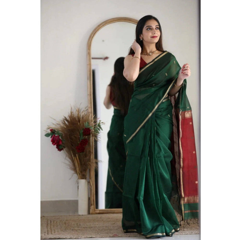 Women's Cotton  Printed Saree With Unstitched Blouse 5.5Mtr (Dark Green)