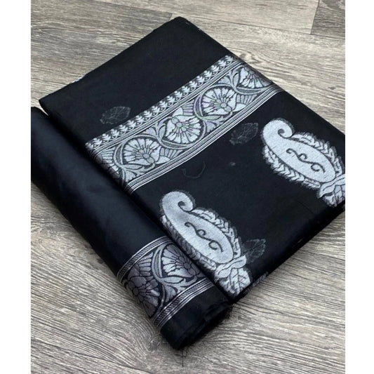 Women's Cotton  Printed Saree With Unstitched Blouse 5.5Mtr (Black)