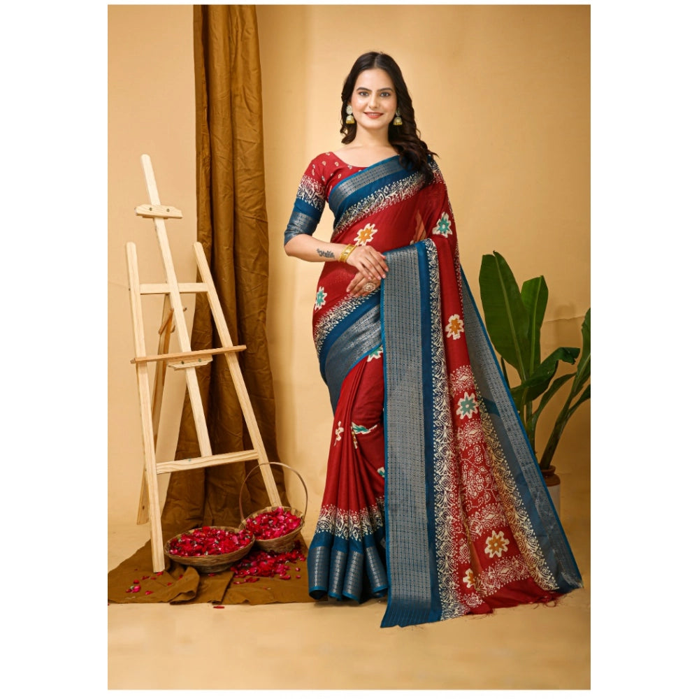 Women's Soft Blooming Marshmallow Fabric Kalamkari Printed Saree With Unstitched Blouse 5.5Mtr (Red)