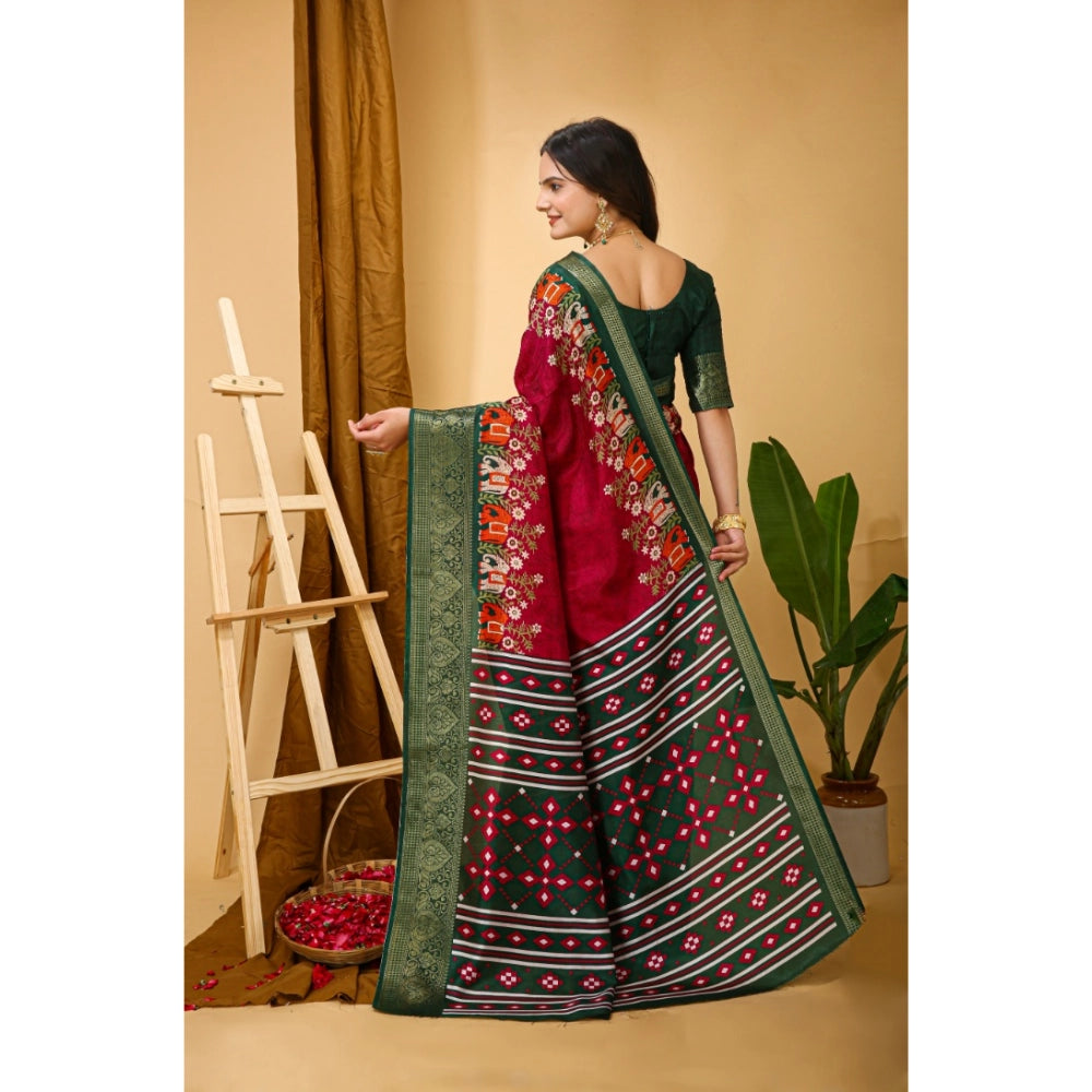 Women's Soft Dola Cotton Kalamkari Printed Saree With Unstitched Blouse 5.5Mtr (Red)