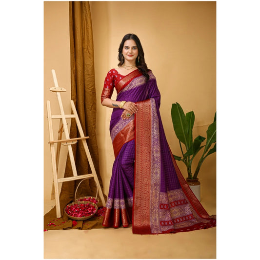 Women's Soft Dola Cotton Kalamkari Printed Saree With Unstitched Blouse 5.5Mtr (Purple)