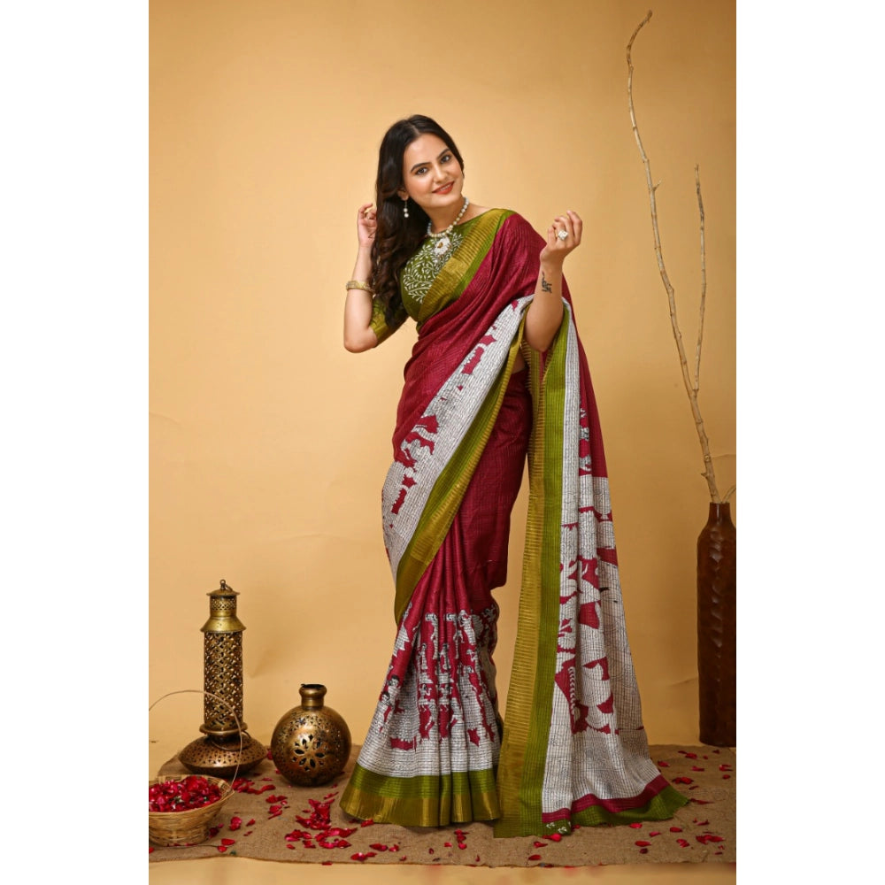 Women's Soft Handloom Cotton Kalamkari Printed Saree With Unstitched Blouse 5.5Mtr (Maroon)