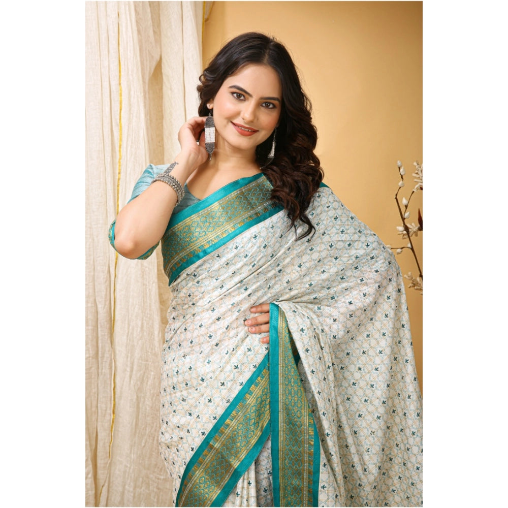 Women's Soft Cotton Silk Printed Saree With Unstitched Blouse 5.5Mtr (Rama Green)