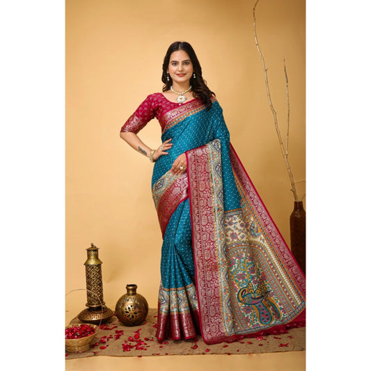 Women's Soft Dola Cotton Kalamkari Printed Saree With Unstitched Blouse 5.5Mtr (Sky Blue)