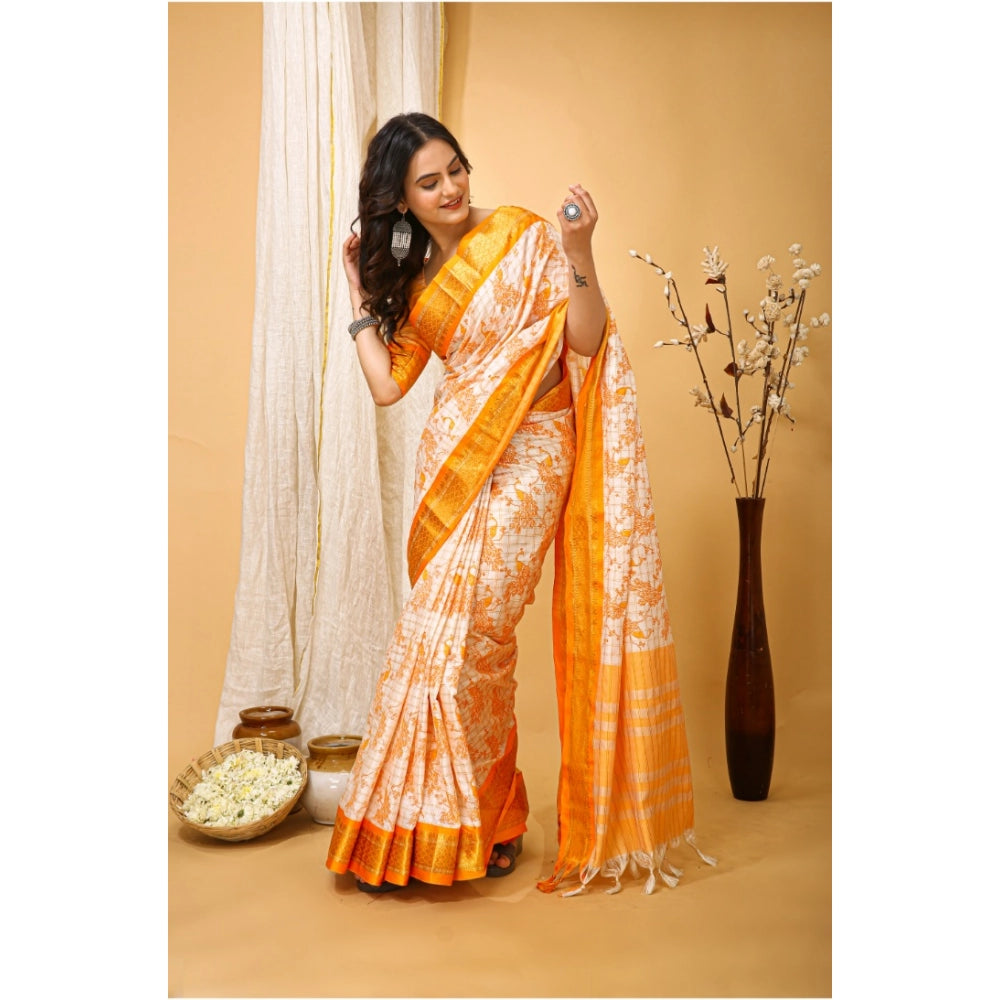 Women's Soft Cotton Silk Printed Saree With Unstitched Blouse 5.5Mtr (Yellow)