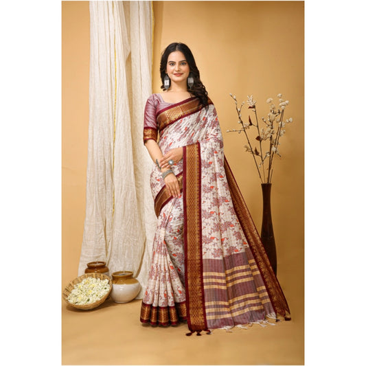 Women's Soft Cotton Silk Printed Saree With Unstitched Blouse 5.5Mtr (Maroon)