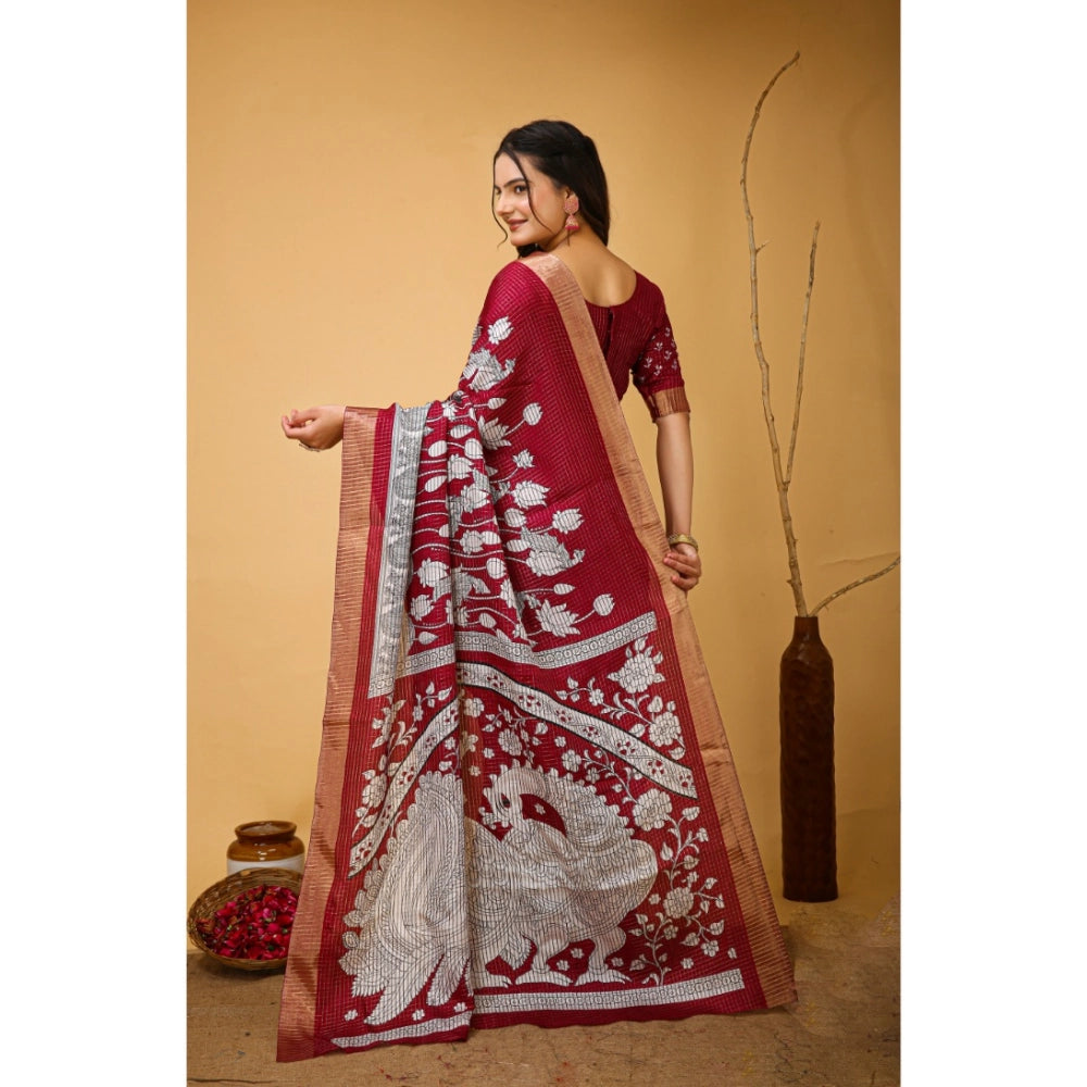 Women's Soft Handloom Cotton Kalamkari Printed Saree With Unstitched Blouse 5.5Mtr (Maroon)