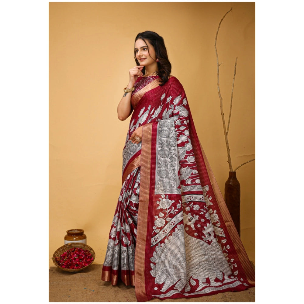 Women's Soft Handloom Cotton Kalamkari Printed Saree With Unstitched Blouse 5.5Mtr (Maroon)