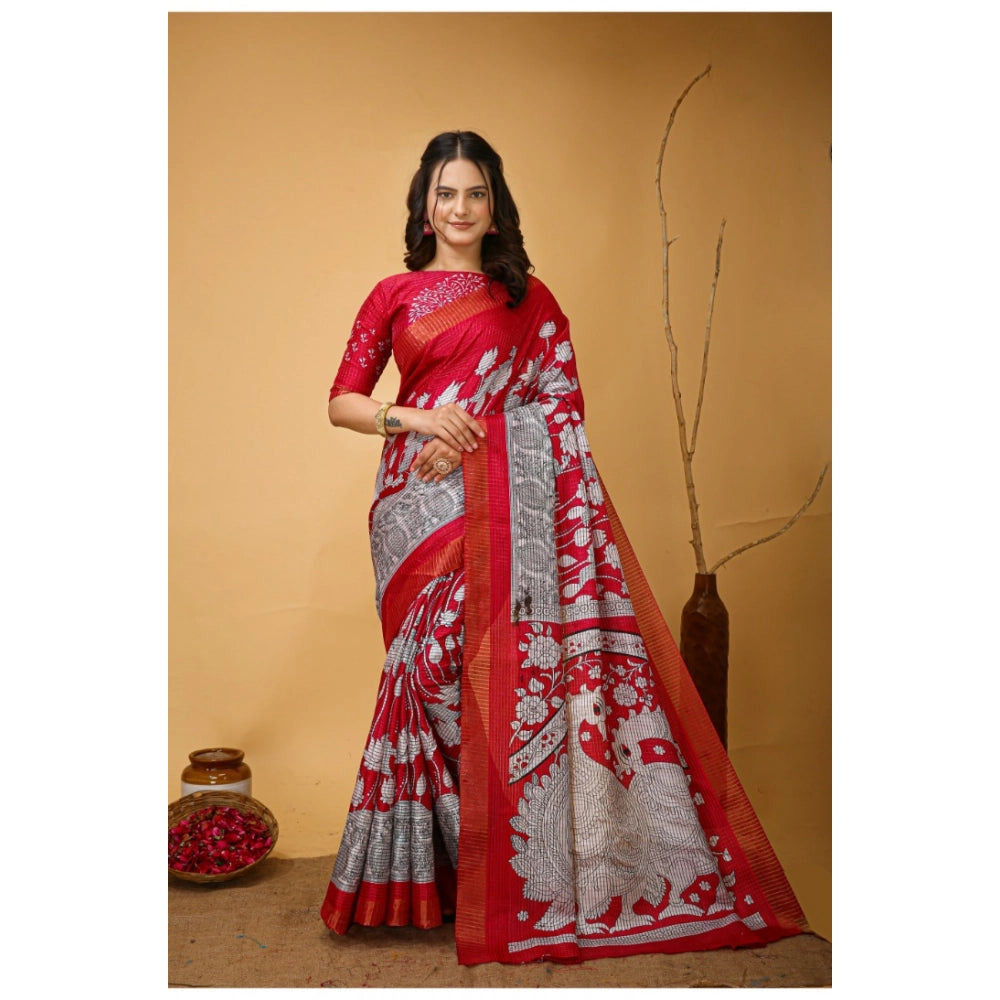 Women's Soft Handloom Cotton Kalamkari Printed Saree With Unstitched Blouse 5.5Mtr (Pink)