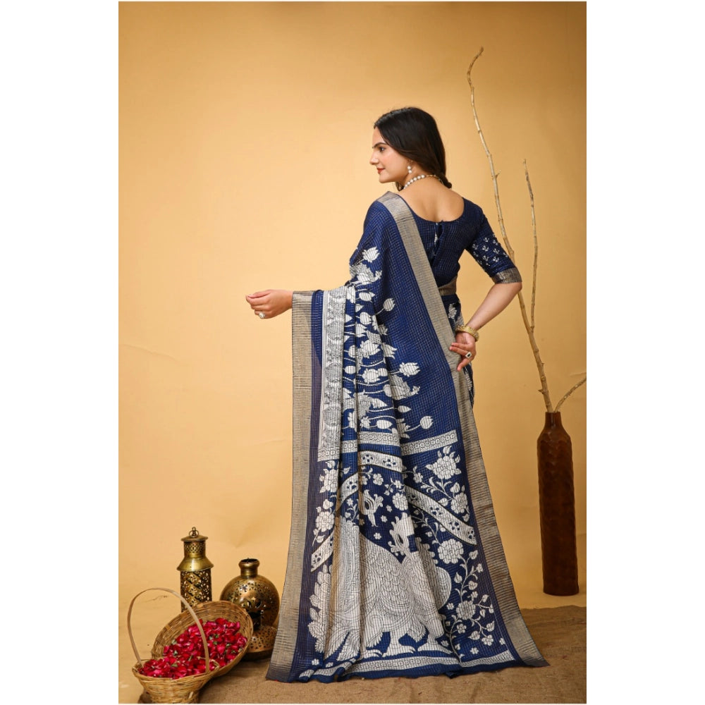 Women's Soft Handloom Cotton Kalamkari Printed Saree With Unstitched Blouse 5.5Mtr (Blue)
