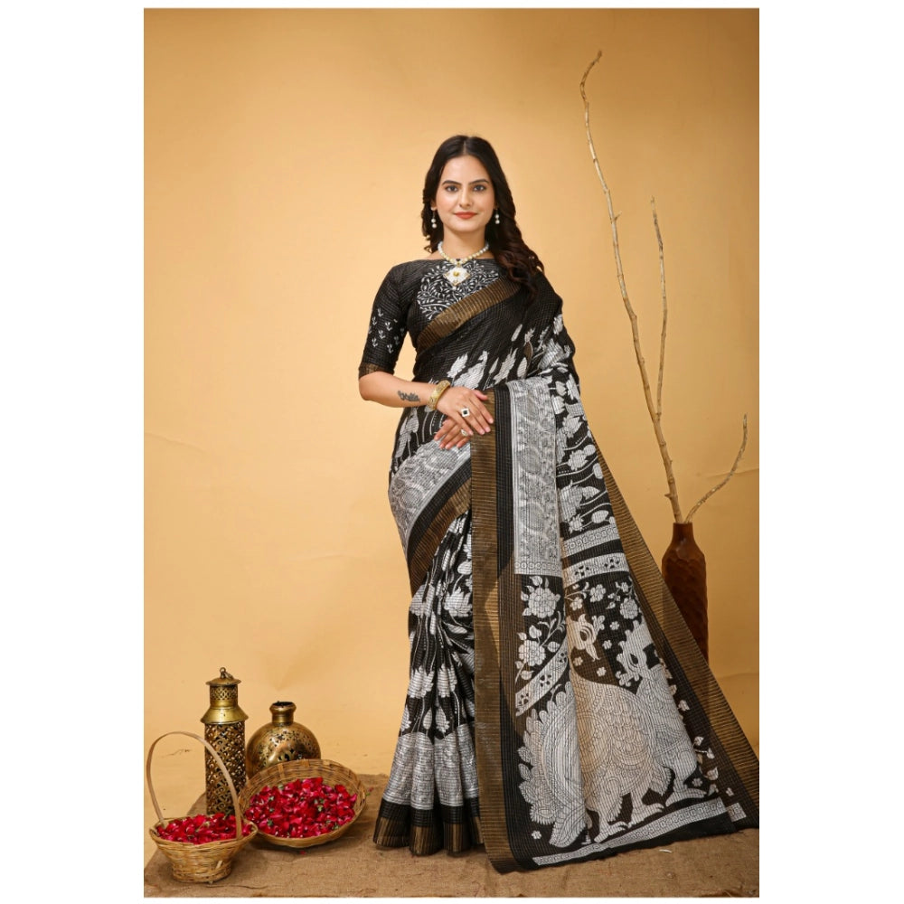 Women's Soft Handloom Cotton Kalamkari Printed Saree With Unstitched Blouse 5.5Mtr (Black)