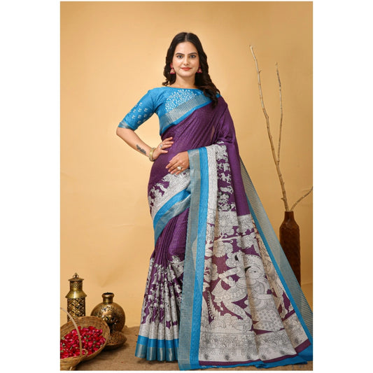 Women's Soft Handloom Cotton Kalamkari Printed Saree With Unstitched Blouse 5.5Mtr (Purple)