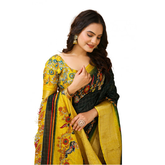 Women's Soft Dola Cotton Kalamkari Printed Saree With Unstitched Blouse 5.5Mtr (Green)