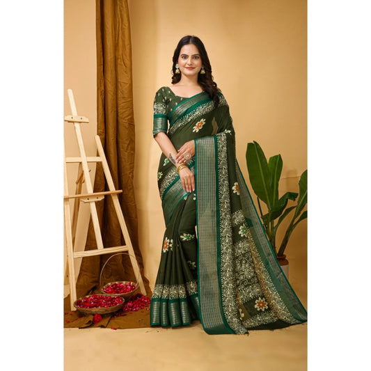 Women's Soft Blooming Marshmallow Fabric Kalamkari Printed Saree With Unstitched Blouse 5.5Mtr (Green)