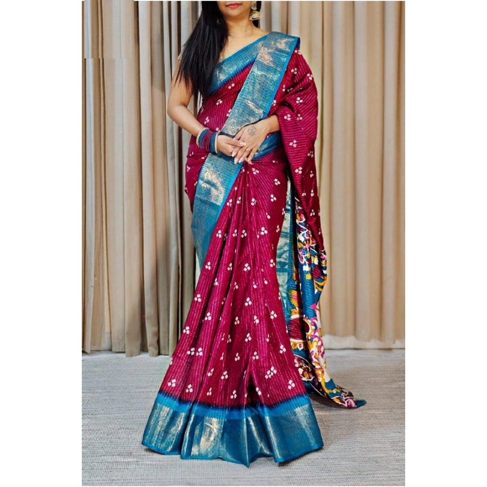 Women's Soft Dola Cotton Kalamkari Printed Saree With Unstitched Blouse 5.5Mtr (Wine)