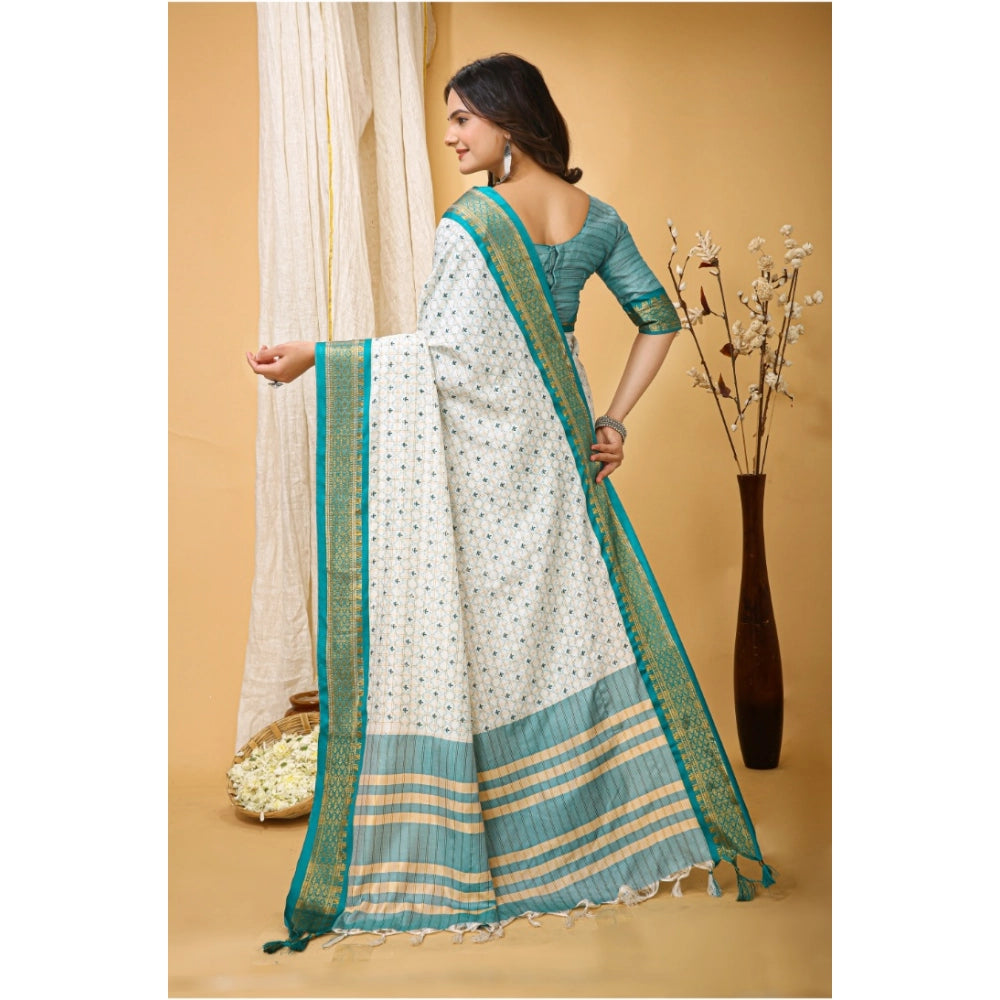 Women's Soft Cotton Silk Printed Saree With Unstitched Blouse 5.5Mtr (Rama Green)
