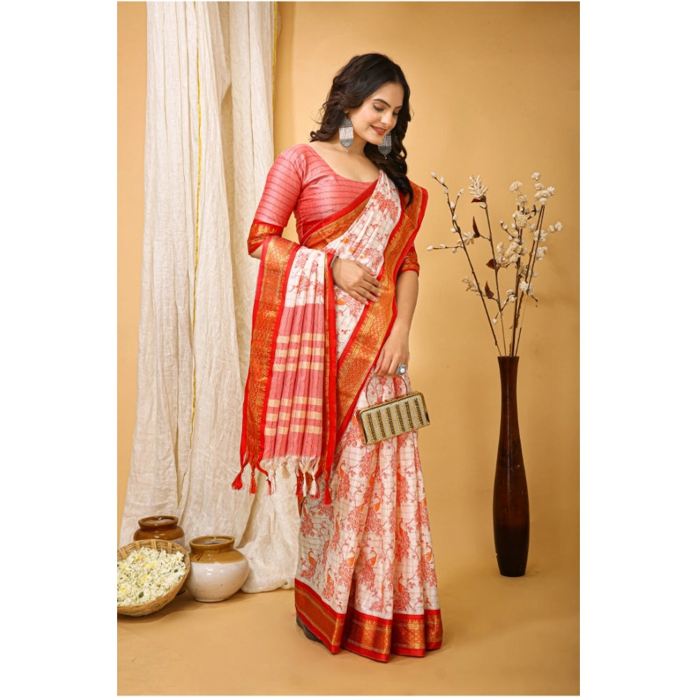 Women's Soft Cotton Silk Printed Saree With Unstitched Blouse 5.5Mtr (Red)
