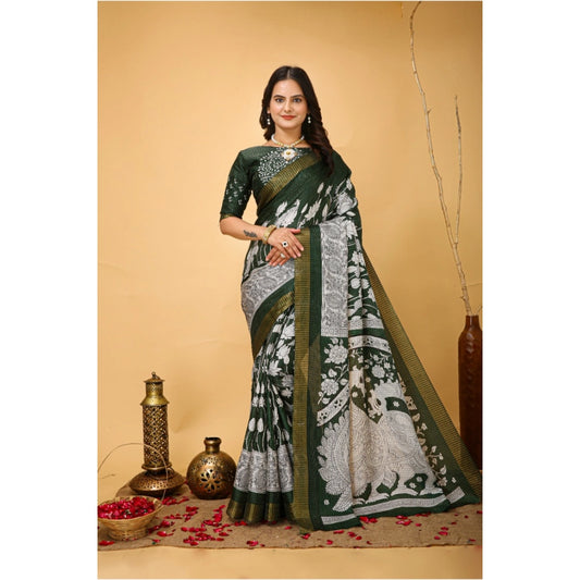 Women's Soft Handloom Cotton Kalamkari Printed Saree With Unstitched Blouse 5.5Mtr (Green)