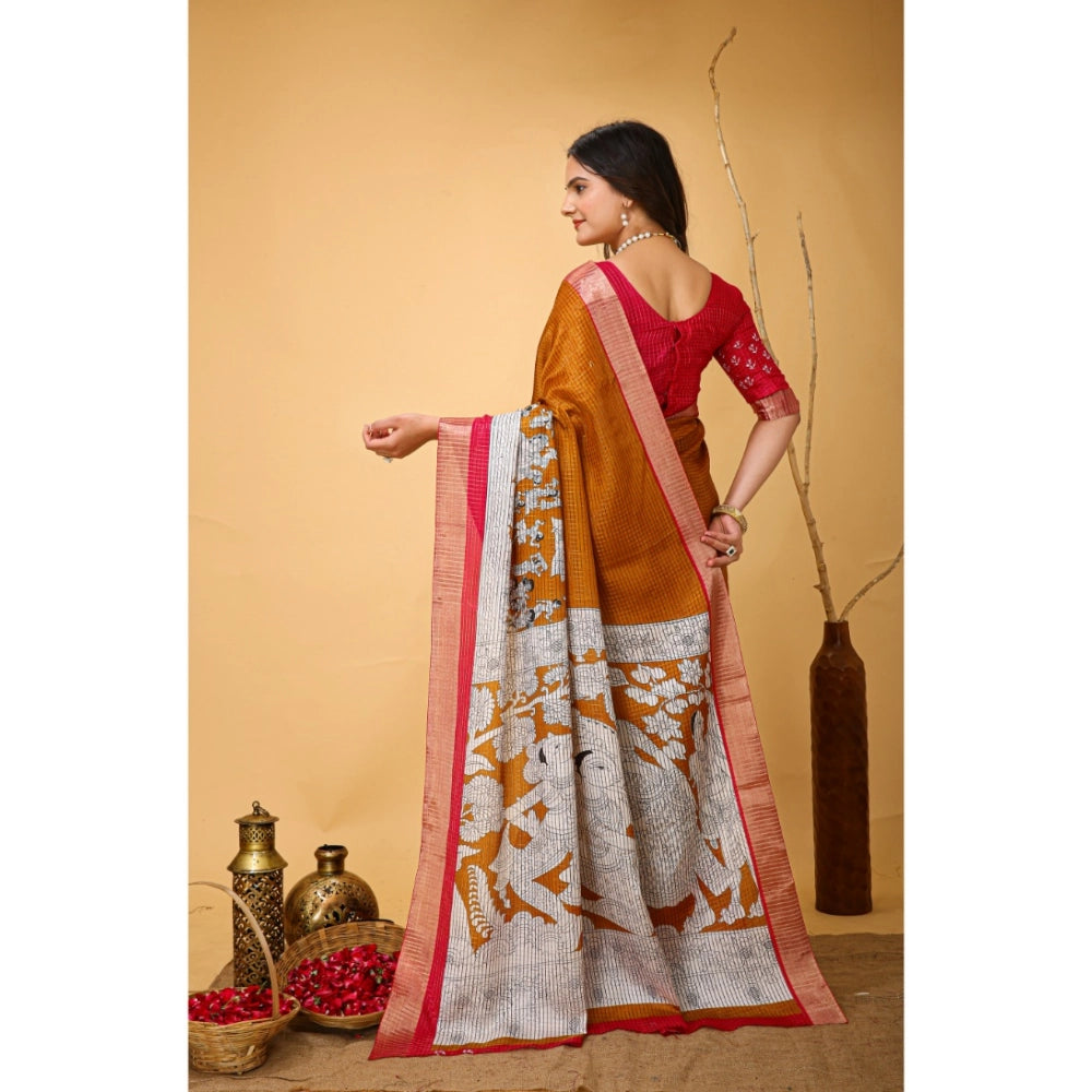 Women's Soft Handloom Cotton Kalamkari Printed Saree With Unstitched Blouse 5.5Mtr (Mustard)