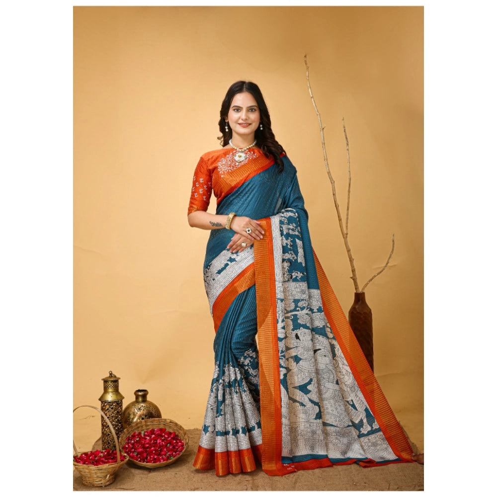Women's Soft Handloom Cotton Kalamkari Printed Saree With Unstitched Blouse 5.5Mtr (Teal Blue)