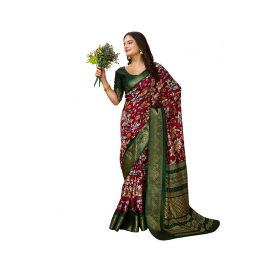 Women's Soft Dola Cotton Kalamkari Printed Saree With Unstitched Blouse 5.5Mtr (Maroon)