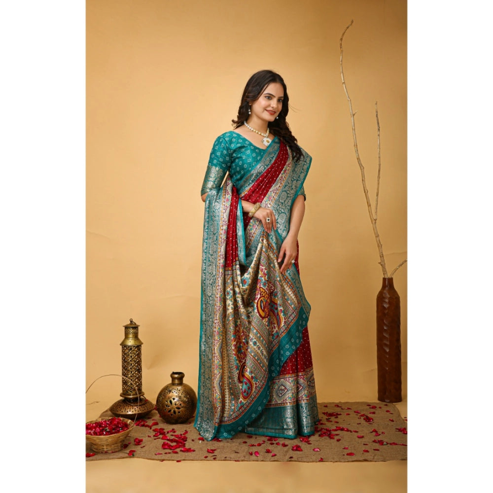 Women's Soft Dola Cotton Kalamkari Printed Saree With Unstitched Blouse 5.5Mtr (Red)