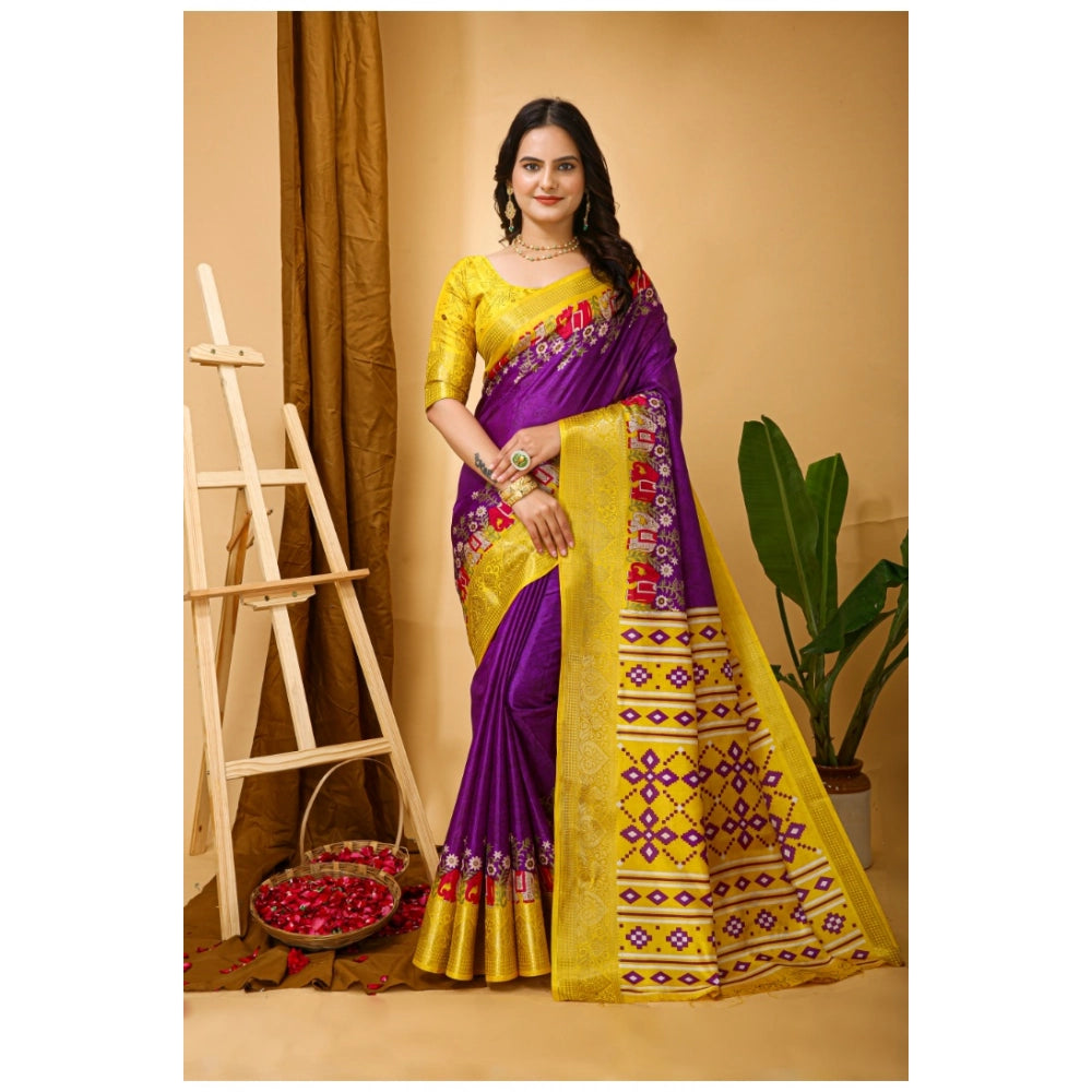 Women's Soft Dola Cotton Kalamkari Printed Saree With Unstitched Blouse 5.5Mtr (Purple)